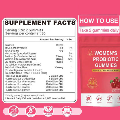 Women Probiotic Gummies, Feminine Balance Gummies, Cranberry Probiotics for Woman Vaginal Health, Yeast pH Balance | 60 Gummies